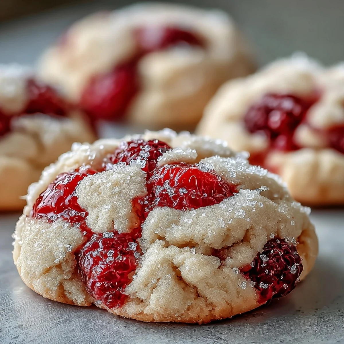 Freshly baked Soft Chewy Raspberry Sugar Cookies rest on a cooling rack, featuring pink sugar crusts and visible berry pieces.