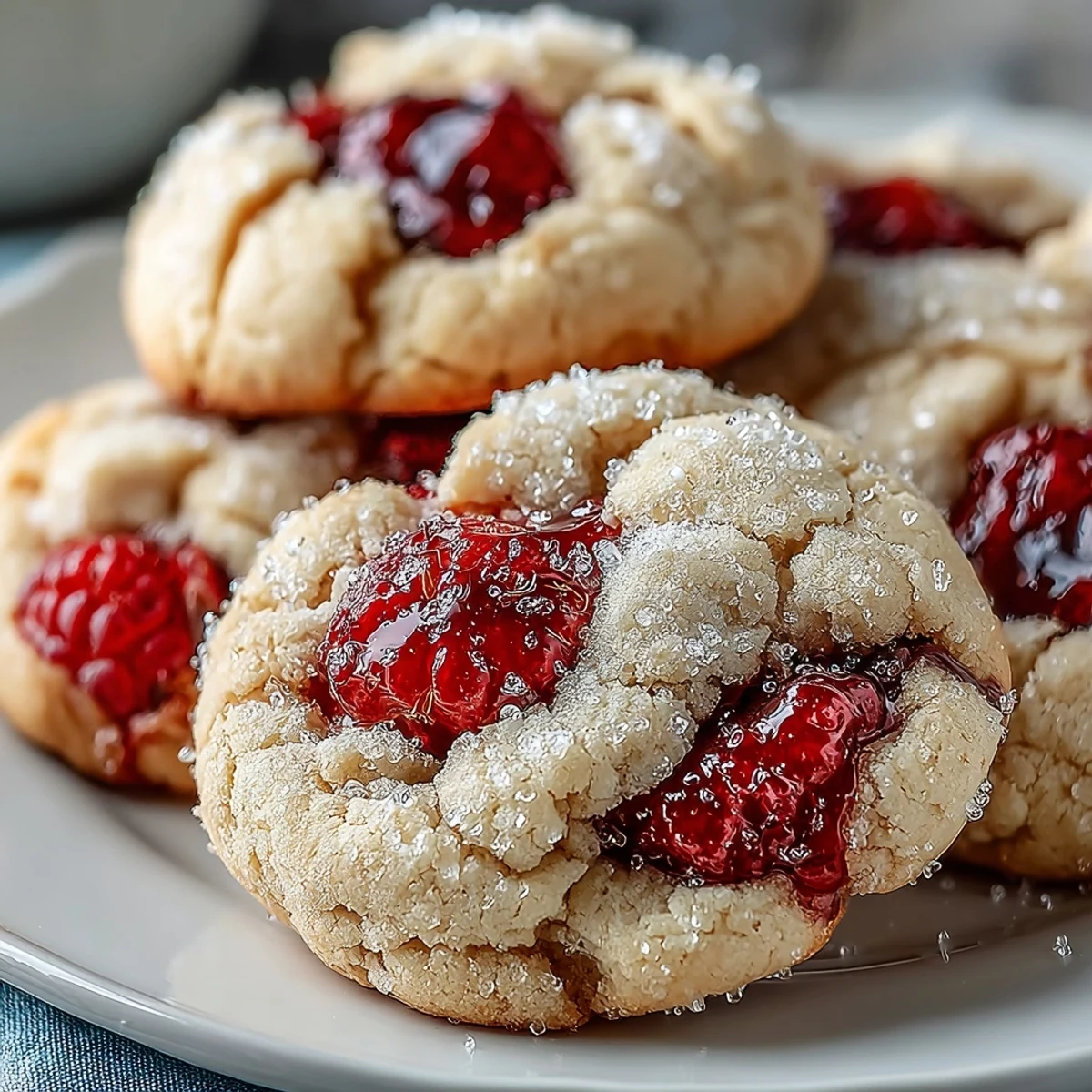 A close-up of Soft Chewy Raspberry Sugar Cookies highlights the chewy crumb and jammy raspberry bursts on a rustic surface.