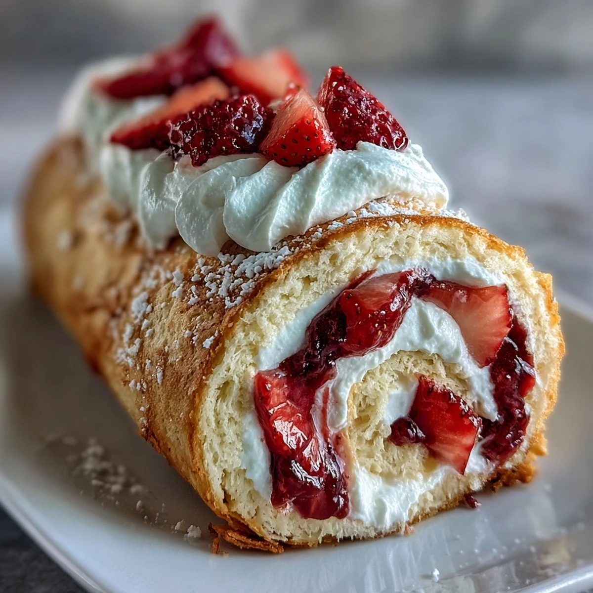 One-inch thick Strawberry Shortcake Sushi Roll rounds reveal layers of airy sponge cake and bright red berries. Perfect for an elegant tea service, plated with a drizzle of white chocolate sauce.