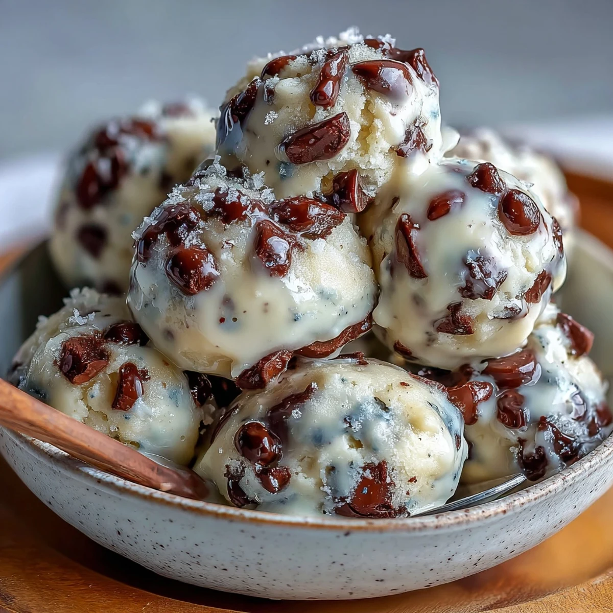 Scoopable Greek Yogurt Cookie Dough with mini chocolate chips on a marble board.