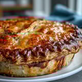 Steaming slices of Chicken and Leek Pie reveal creamy filling with leeks and bacon alongside buttery mashed potatoes on a rustic plate.