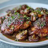 Tender Coq au Vin Rosé bubbling in a creamy sauce with sautéed mushrooms and carrots, ready to serve family-style.