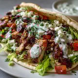 Sliced marinated chicken thighs nestled in a fluffy pita with cool tzatziki, red onions, and vibrant cherry tomatoes for dinner.