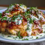 Creamy Tuscan Chicken with Sun-Dried Tomatoes in a rich, herb-infused sauce with wilted spinach and Parmesan.