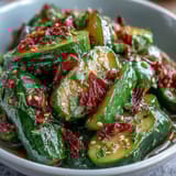 Fresh smashed cucumber salad with bold garlic chili oil drizzle, scallions, and sesame seeds for a vibrant vegan side dish.  