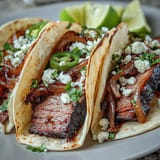 Delicious smoked brisket tacos topped with bright pickled red onion and fresh cilantro.