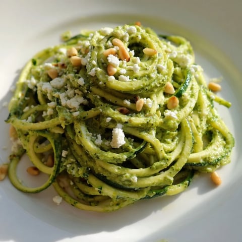 Zucchini noodles tossed in fresh tomato basil sauce, topped with grated Parmesan, served warm in a white pasta bowl.