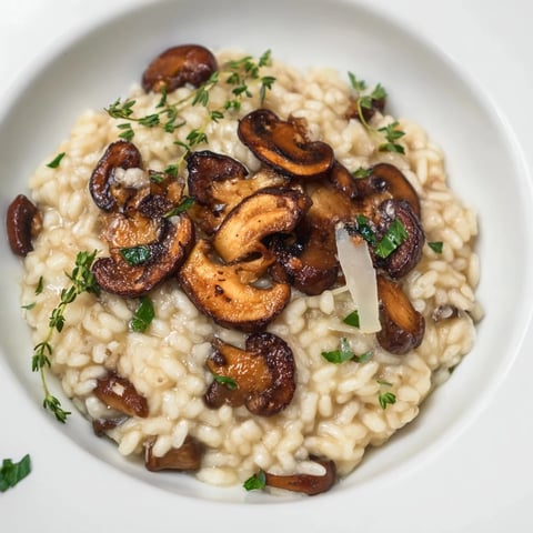 A close-up of creamy Roasted Mushroom Risotto garnished with fresh thyme and extra Parmesan.