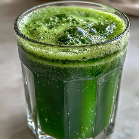 A tall glass of vibrant green Cabbage and Kale Detox Juice, garnished with a fresh lemon wedge and ginger slice, glistening under bright kitchen lighting.  