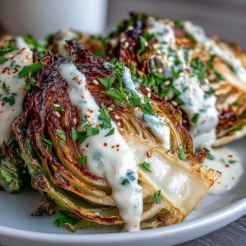 Golden-brown roasted cabbage wedges with crispy edges, drizzled with creamy tahini sauce and sprinkled with toasted sesame seeds and parsley.  