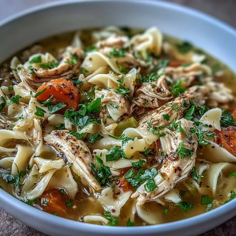 Steaming bowl of Chicken and Noodle Soup with wide egg noodles, tender shredded chicken, and vibrant carrots.