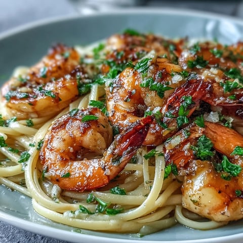 Steamed linguine pasta tossed with juicy pink shrimp in a rich garlic white wine butter sauce, garnished with fresh parsley and lemon wedges.  