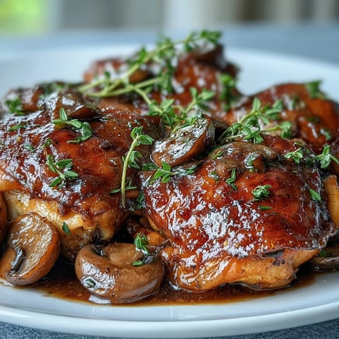 Golden-brown Coq au Vin Rosé braised in rosé wine and cream, served with buttered potatoes and fresh parsley garnish.