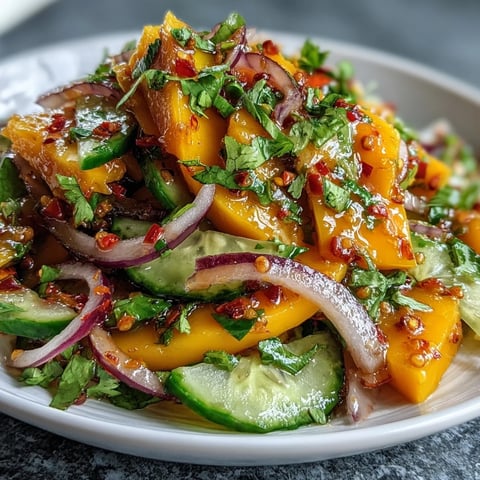 Bright, colorful slices of ripe mango, red bell pepper, and cucumber tossed in a tangy lime dressing for a Refreshing Mango Salad.