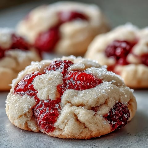 Freshly baked Soft Chewy Raspberry Sugar Cookies rest on a cooling rack, featuring pink sugar crusts and visible berry pieces.