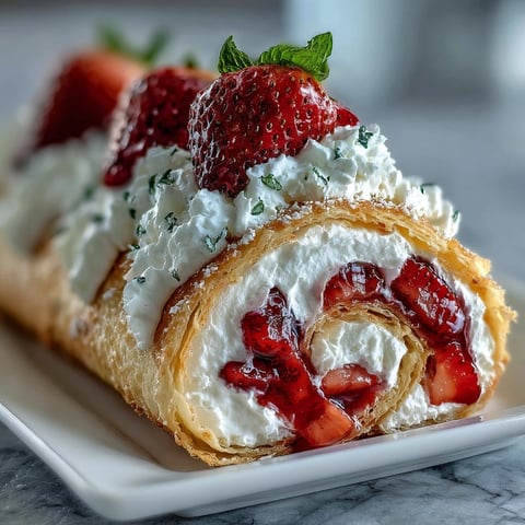 Freshly sliced Strawberry Shortcake Sushi Roll pinwheels showcase creamy whipped cream and juicy berries on a golden crepe. A whimsical Japanese-inspired dessert platter with vibrant mint garnish for a summer party.