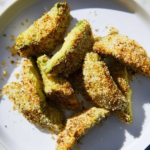 Crunchy panko-crusted crispy baked avocado fries await, promising a satisfyingly savory bite.