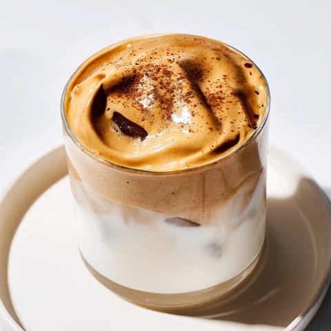 A refreshing close-up of a brown sugar Dalgona latte, ready to be stirred and enjoyed.