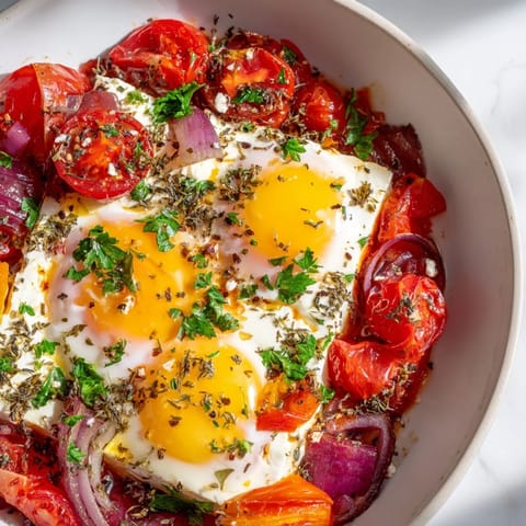This gorgeous Mediterranean Baked Feta & Eggs shows perfectly cooked feta cheese alongside bright red tomatoes.