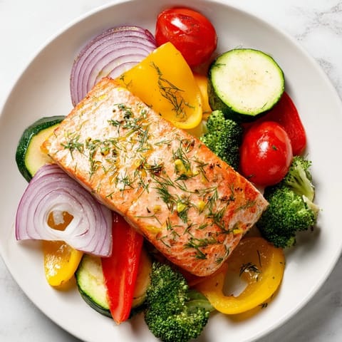 Visualize the savory salmon sheet pan bake, perfectly cooked salmon with colorful roasted bell peppers.