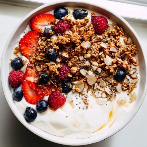 A layered dry yogurt bowl, showing creamy yogurt with a sprinkle of berries and nuts.