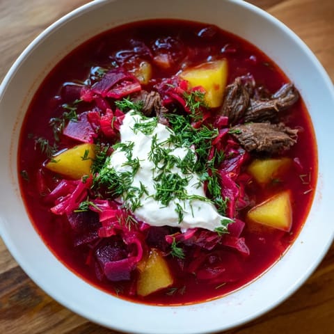 Vibrant red Ukrainian Borscht Soup showcases tender beef and vegetables, garnished with fresh dill before serving.