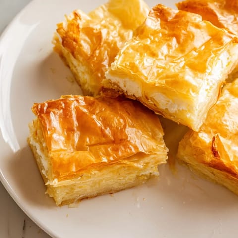 This homemade Bulgarian Banitsa shows crispy phyllo dough surrounding a creamy, cheese-filled interior.