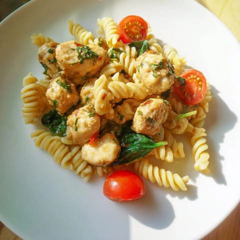 Bright lemon herb pasta with tender chicken pieces, cherry tomatoes, and wilted spinach served hot in a skillet.  