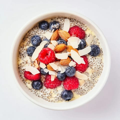 Overnight chia seed pudding layered with mango, banana slices, and crunchy chopped nuts.