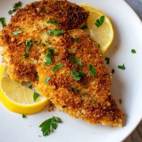 Crispy Parmesan chicken cutlet with a crunchy breadcrumb crust, served alongside a vibrant green salad.