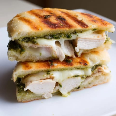 Sliced Chicken Pesto Panini shows layers of juicy grilled chicken, fresh basil pesto, and ripe tomato on spinach.