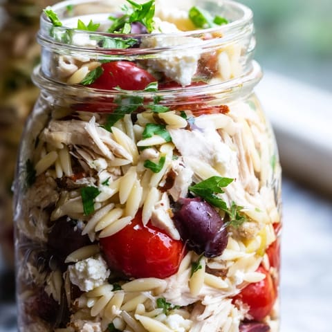 Colorful Greek Pasta Chicken Salad Jars layered with orzo, grilled chicken, tomatoes, cucumbers, olives, and feta cheese.