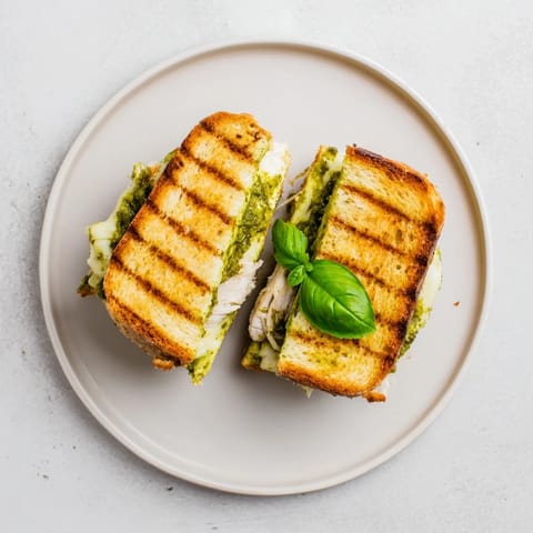 Mozzarella Pesto Chicken Grilled Cheese with melted cheese and golden, buttery sourdough bread.  