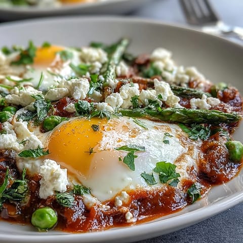 Spring Pea and Broad Bean Shakshuka with poached eggs in a spiced tomato sauce, garnished with herbs and served with crusty bread for dipping.