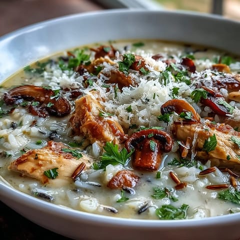 Overhead view of creamy Parmesan Mushroom Chicken and Wild Rice Soup with crusty bread.
