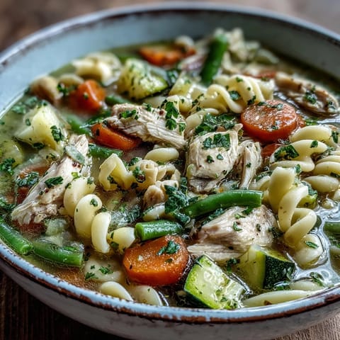 Close-up of Pasta Soup With Chicken and Vegetables featuring pasta, carrots, and tender chicken. 