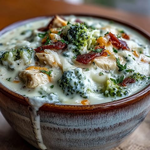 Steam rises from a warm mug of Best Chicken Broccoli Cheddar Soup paired with a slice of crusty bread on the side.
