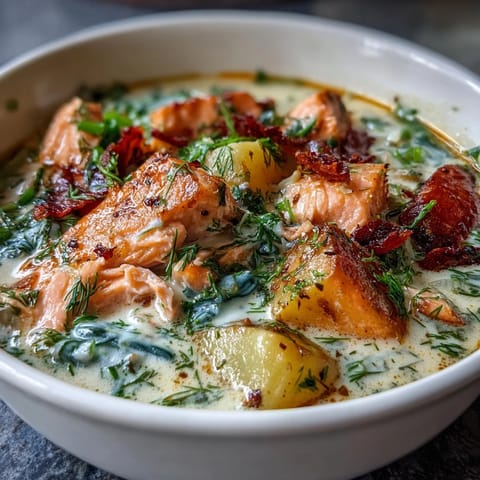 Tender salmon and soft potatoes swim in a creamy Finnish Salmon Soup, garnished with fresh dill.