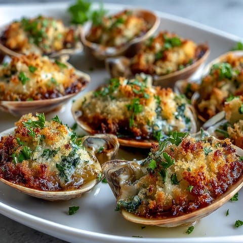A close-up of buttery, lemon-parsley panko crowning tender roasted clams, served with fresh lemon wedges for bright squeezing.  