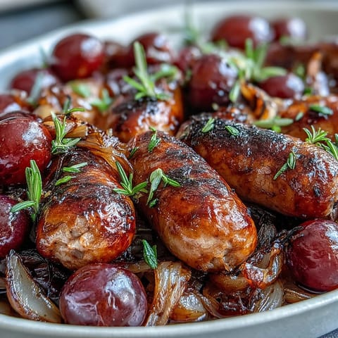 Savory Roasted Sausage and Grapes hot from the oven, served with crusty bread to soak up the sweet pan juices.