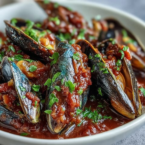 Fresh mussels simmered in a rich, smoky tomato broth with garlic and white wine, garnished with parsley and lemon.  