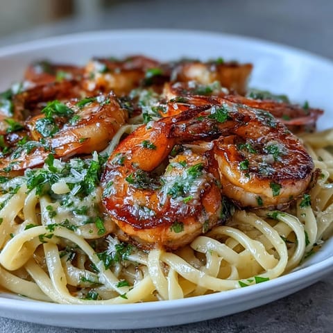 Al dente linguine coated in a buttery garlic sauce with plump shrimp, served hot with bright lemon zest and parsley.  