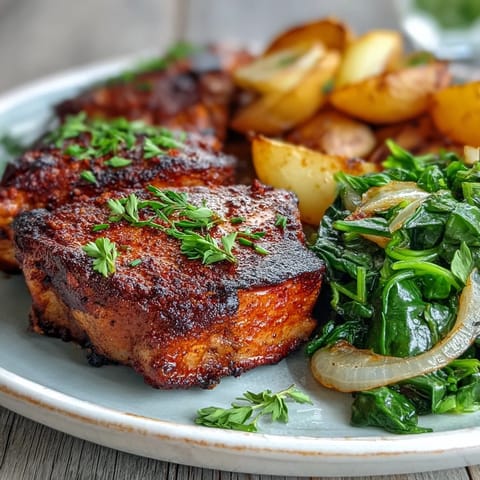 Four juicy Aleppo pork chops marinated in smoky pimentón, roasted alongside crispy potatoes and hearty greens, ready to serve.