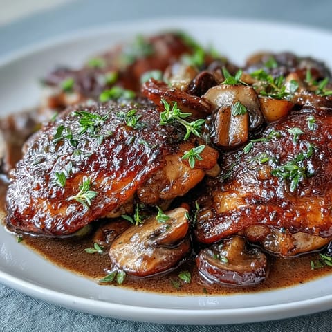 Tender Coq au Vin Rosé bubbling in a creamy sauce with sautéed mushrooms and carrots, ready to serve family-style.