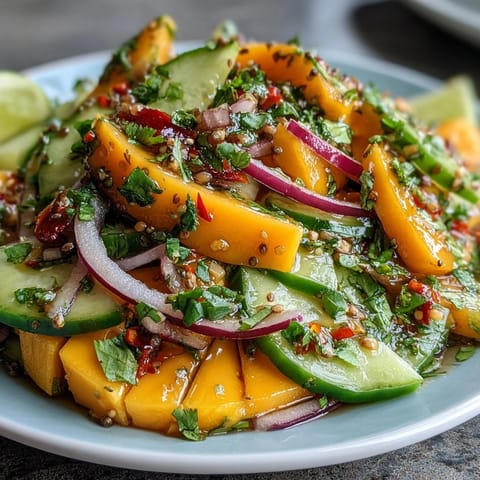 Served in a white bowl, the Refreshing Mango Salad is topped with fresh cilantro and optional spicy chilies.