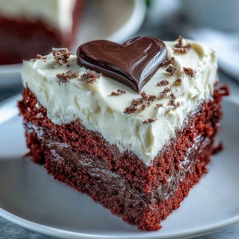 Close-up slice of Betty Boop heart cake reveals soft red crumb layers, rich vanilla cream cheese frosting, and a glossy dark chocolate character for a fun party dessert.