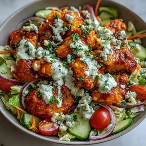 Spicy buffalo chicken bowl with crisp veggies and creamy ranch dressing.