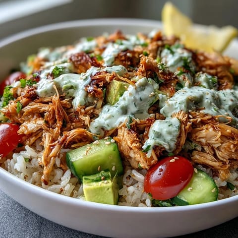 A vibrant Rotisserie Chicken Bowl with tender shredded chicken over brown rice, fresh veggies, and drizzled tzatziki.