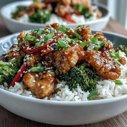 Glossy honey garlic chicken pieces glisten beside fluffy white rice and colorful steamed broccoli and carrots in a ceramic bowl.
