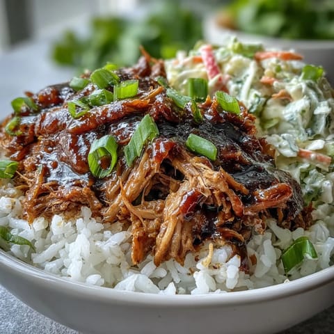 Tender pulled pork bowl with fluffy rice, tangy coleslaw, and smoky BBQ sauce for a hearty meal.